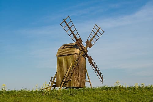 Sweden-Oland Island-Lerkaka-antique wooden windmills Art Print